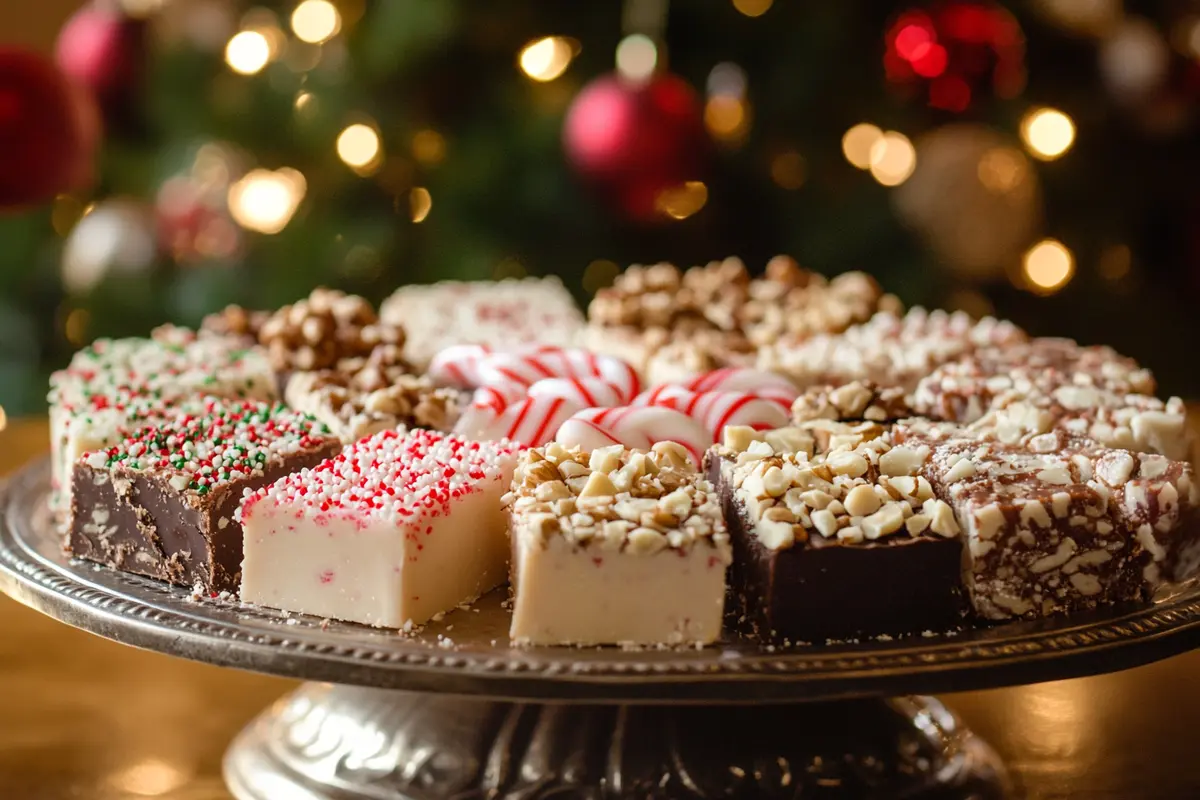 Holiday-themed 2 Ingredient Fudge squares with festive toppings