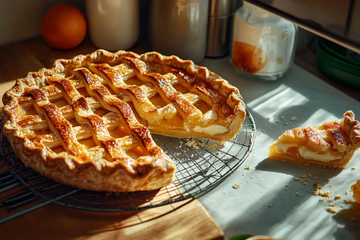 A golden-brown pie made with a 3 ingredient pie crust on a cooling rack.