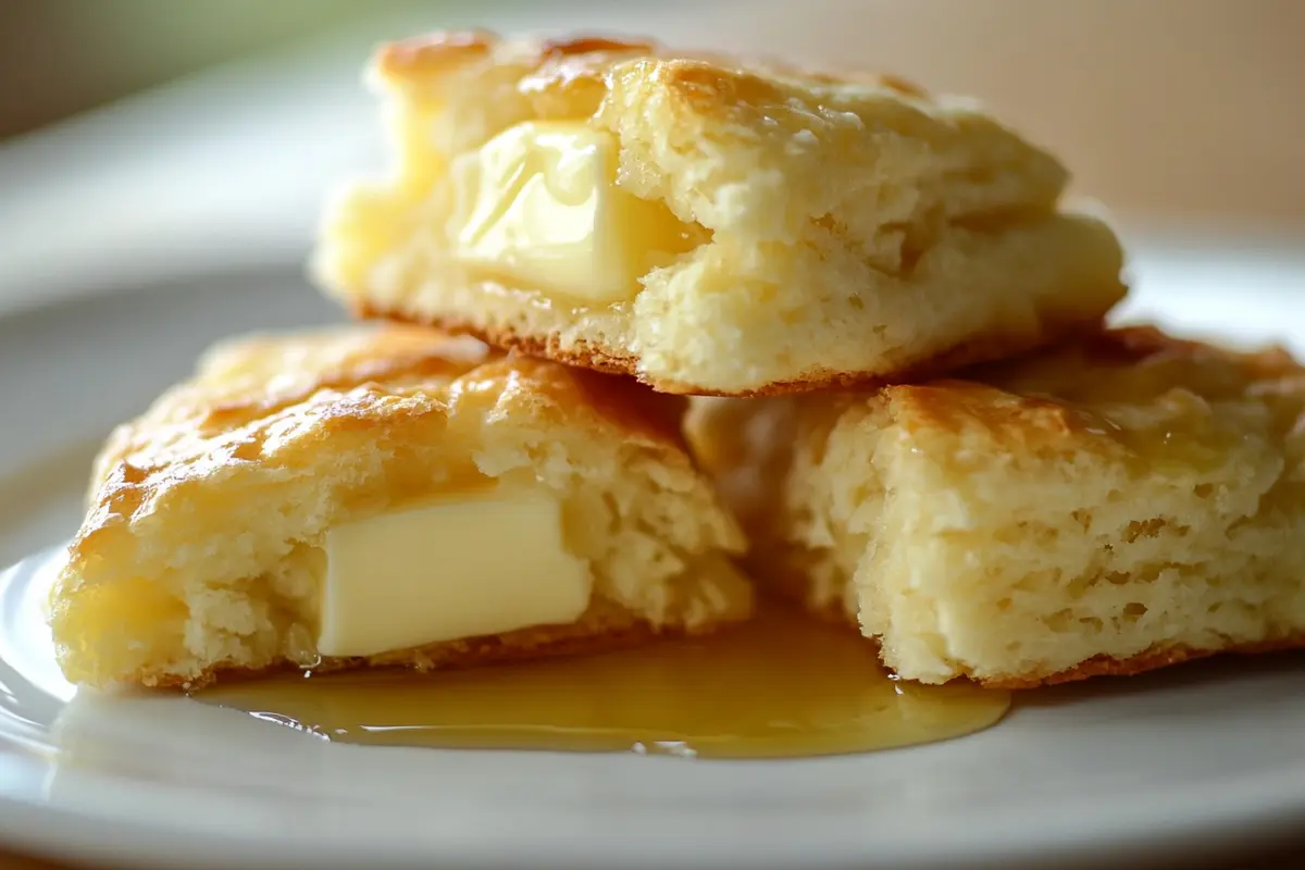 Flaky Bisquick scones with butter and honey drizzle.