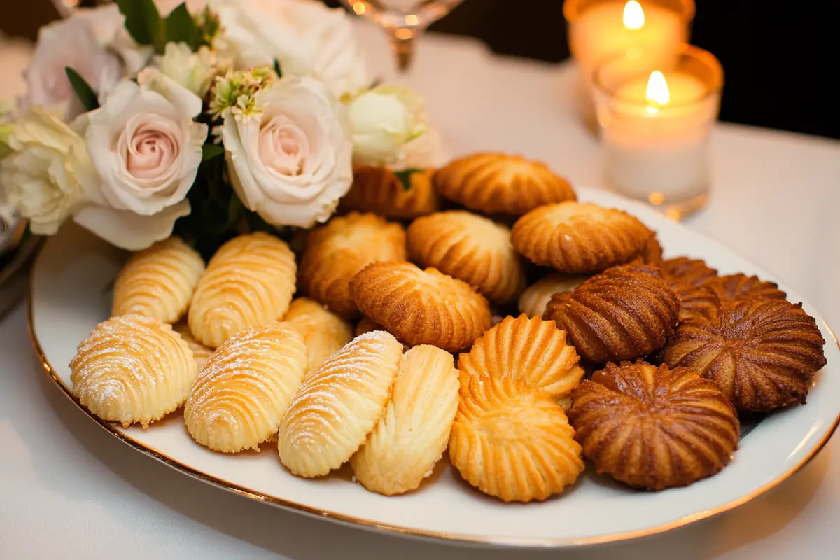 French cookie platter with wine and flowers.