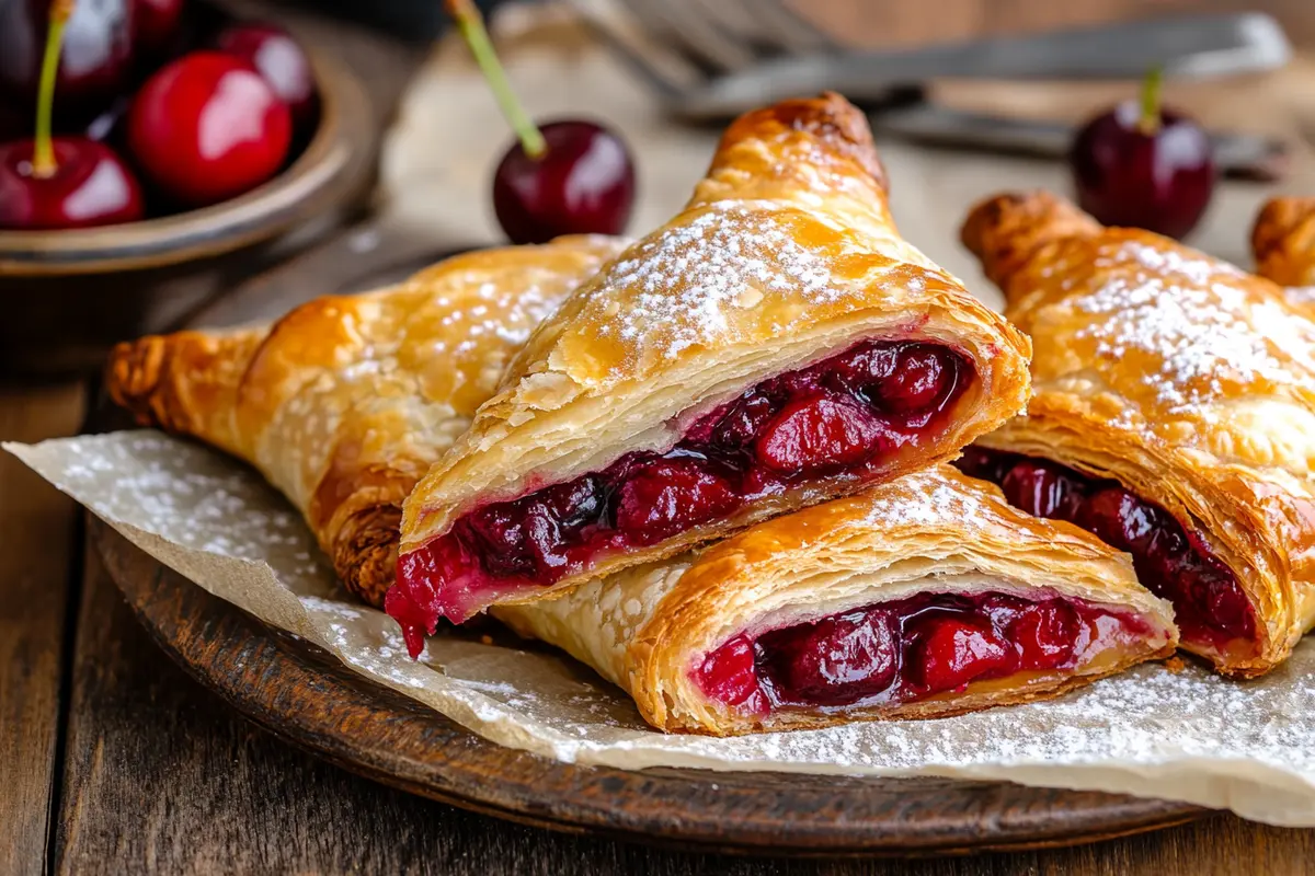 Golden cherry turnovers on a wooden table with powdered sugar.