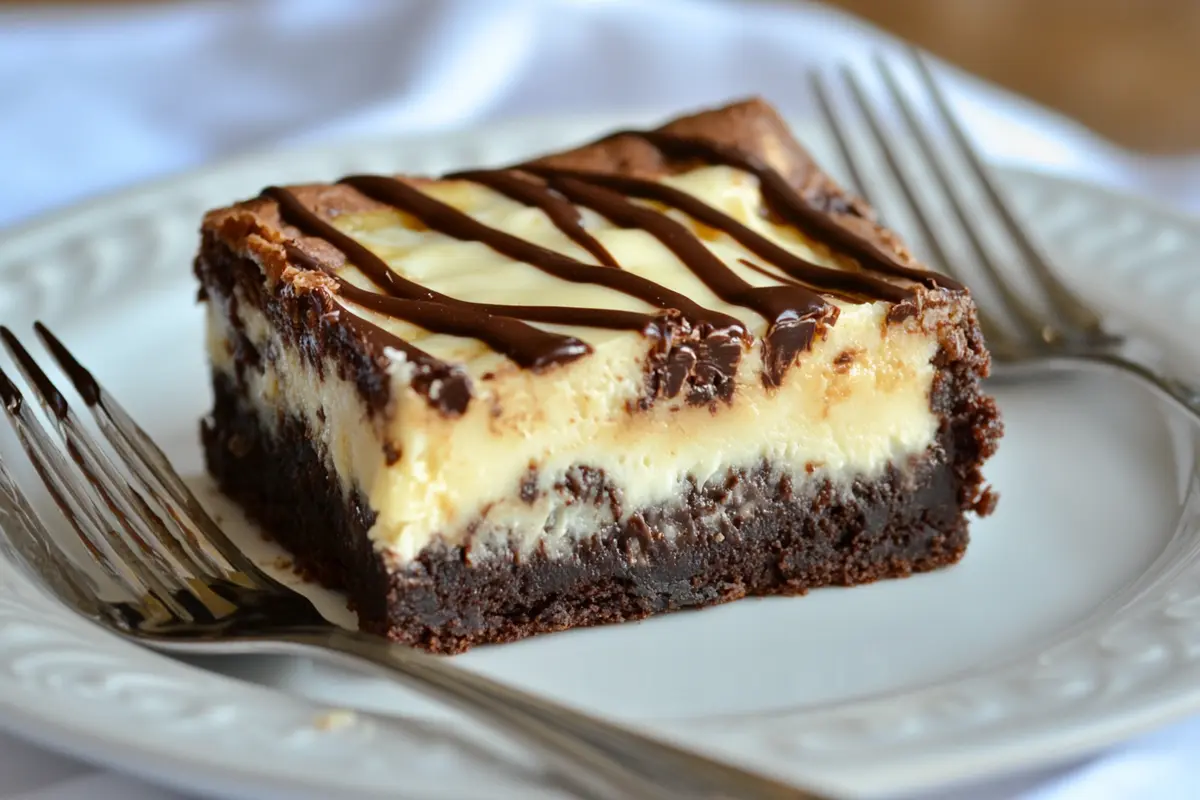 Close-up of a gooey condensed milk brownie on a plate.