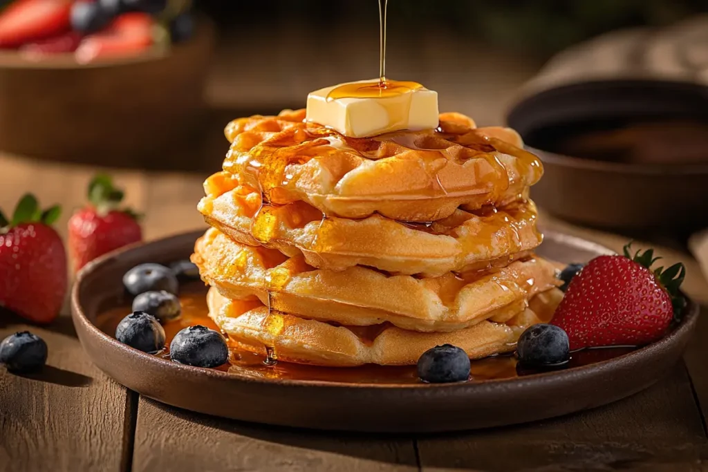 Golden stack of frozen waffles topped with syrup and butter.