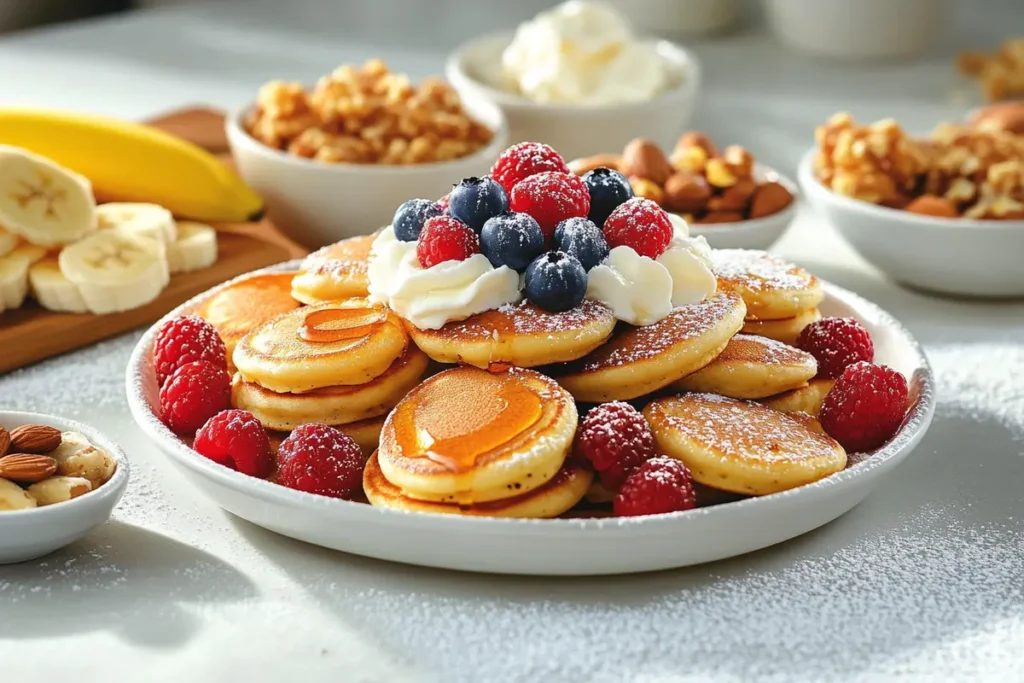 Stack of mini pancakes with syrup and fresh berries on a breakfast table.