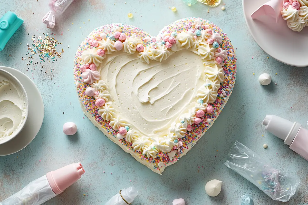 Decorating a heart-shaped cake with buttercream and sprinkles