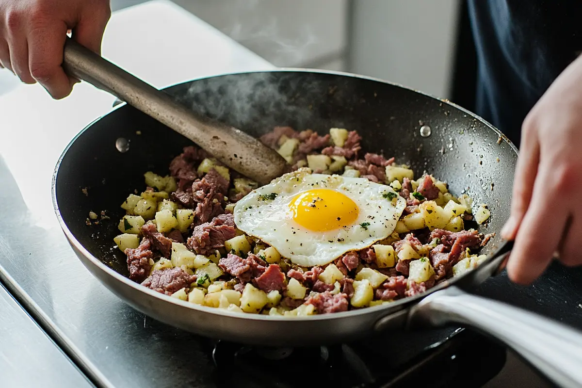 Step-by-step preparation of corned beef hash and eggs in a skillet.