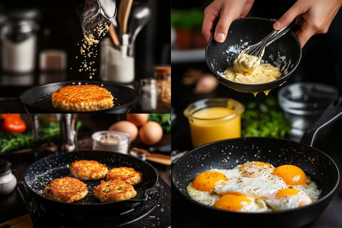 Step-by-step process of making crab cake eggs benedict.