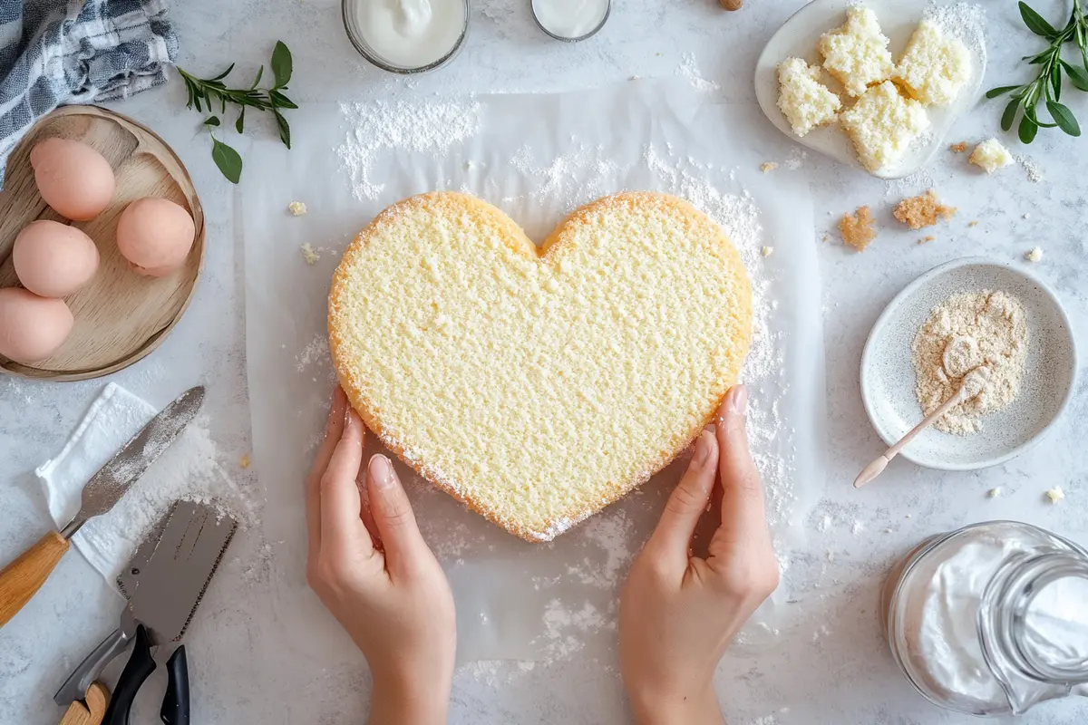 Step-by-step image of shaping a heart-shaped cake