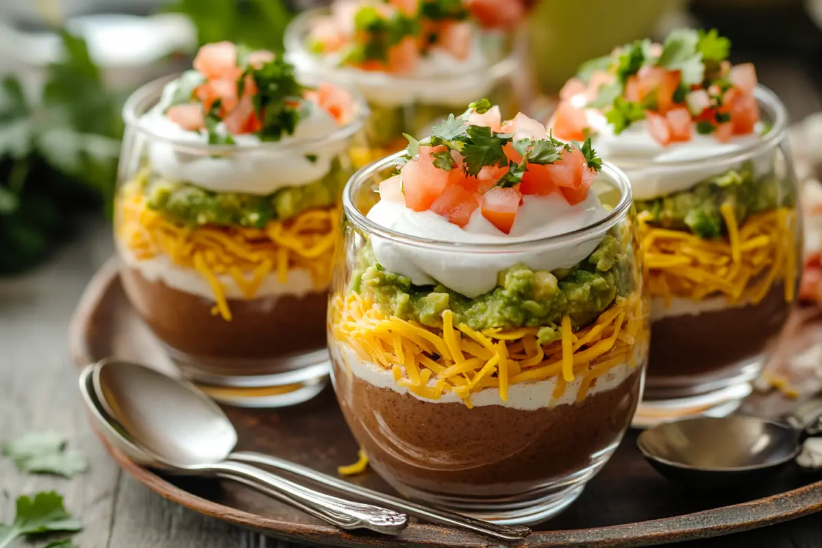 Individual taco dip cups with colorful layers and garnishes