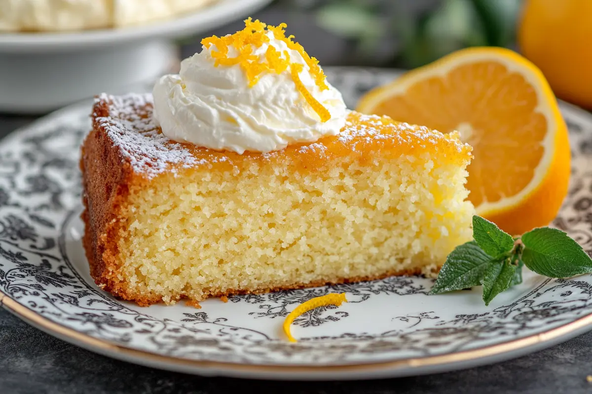 Slice of Italian Hangover Cake with whipped cream and citrus zest.