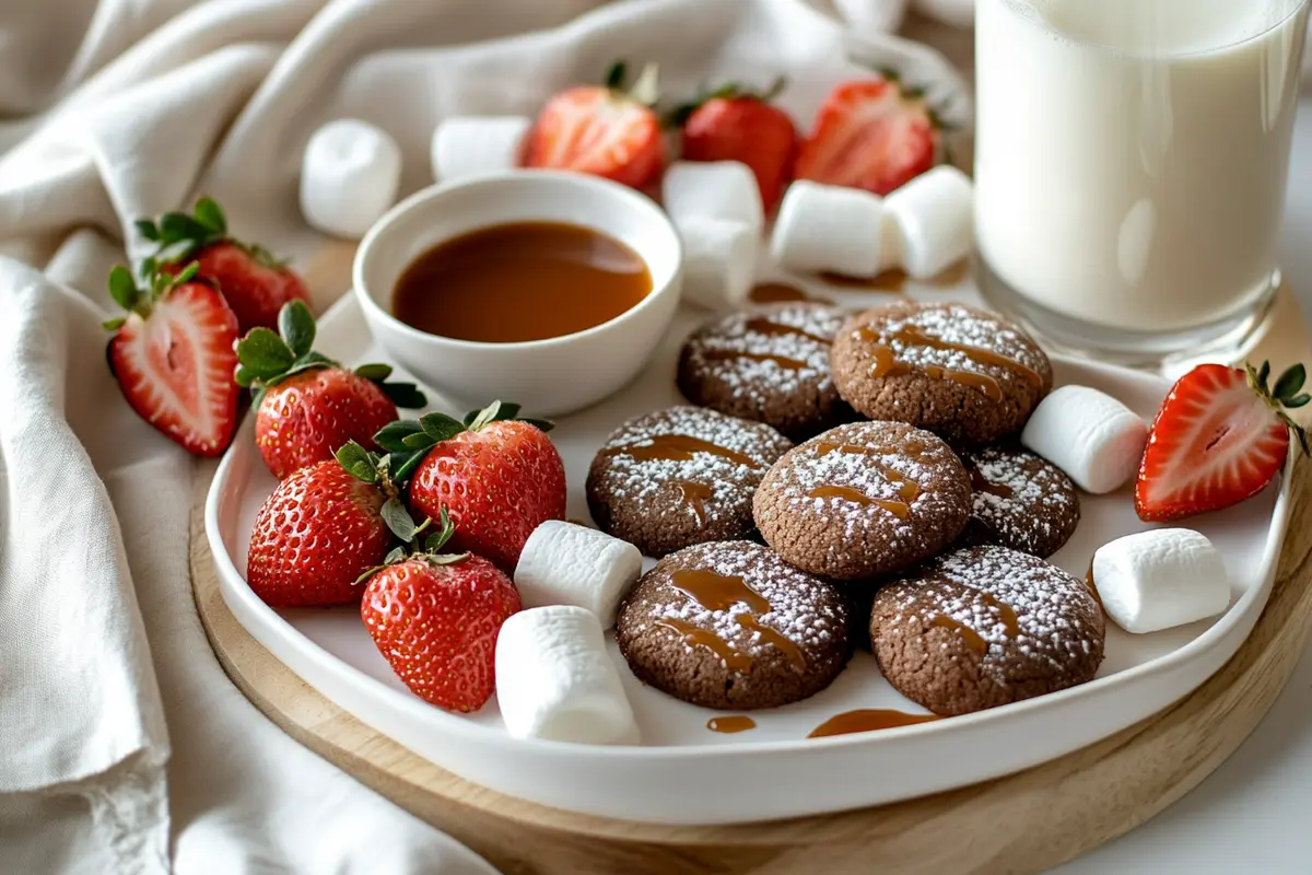 Dessert board featuring lava cake cookies and accompaniments.