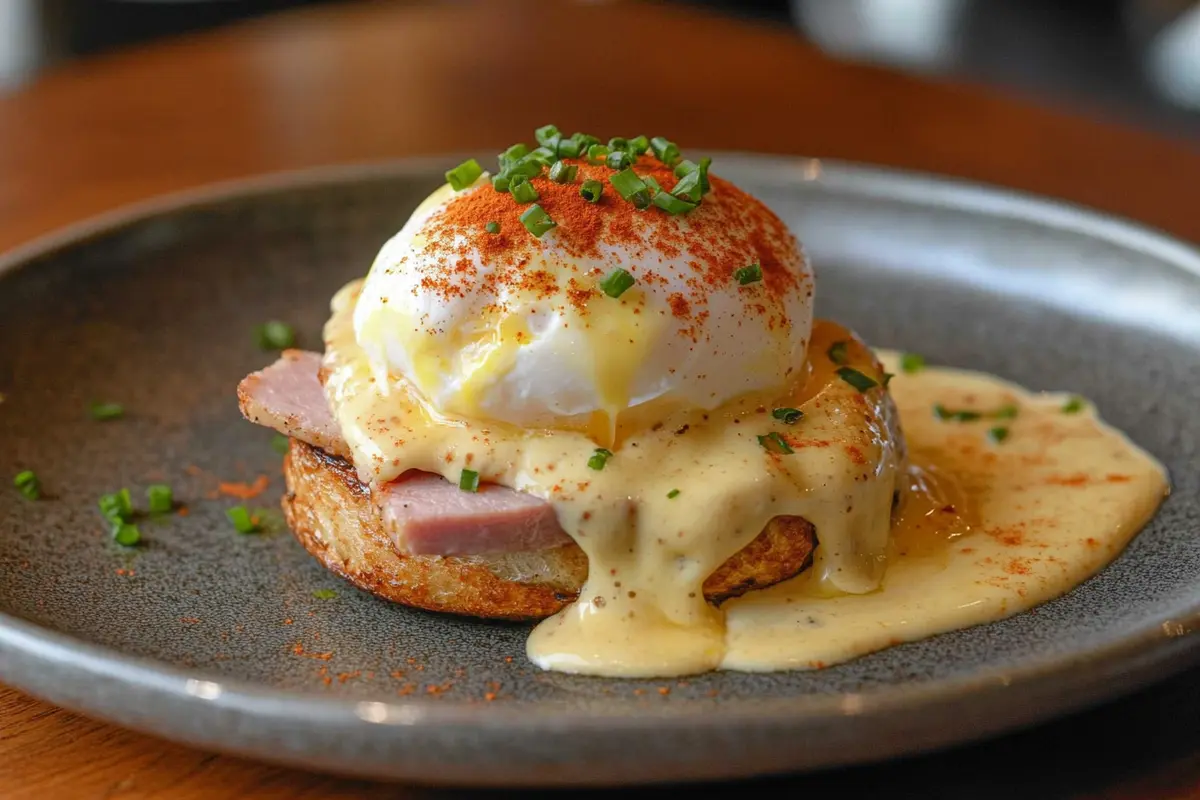 Close-up of a classic Eggs Benedict with ham and hollandaise sauce.