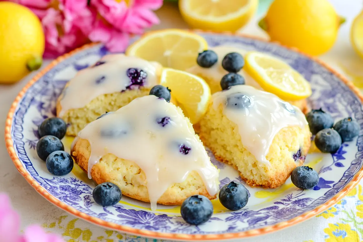 Lemon blueberry Bisquick scones with glaze and fresh garnish.