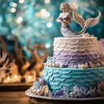 Three-tier pastel mermaid cake with ombre frosting and edible decorations.