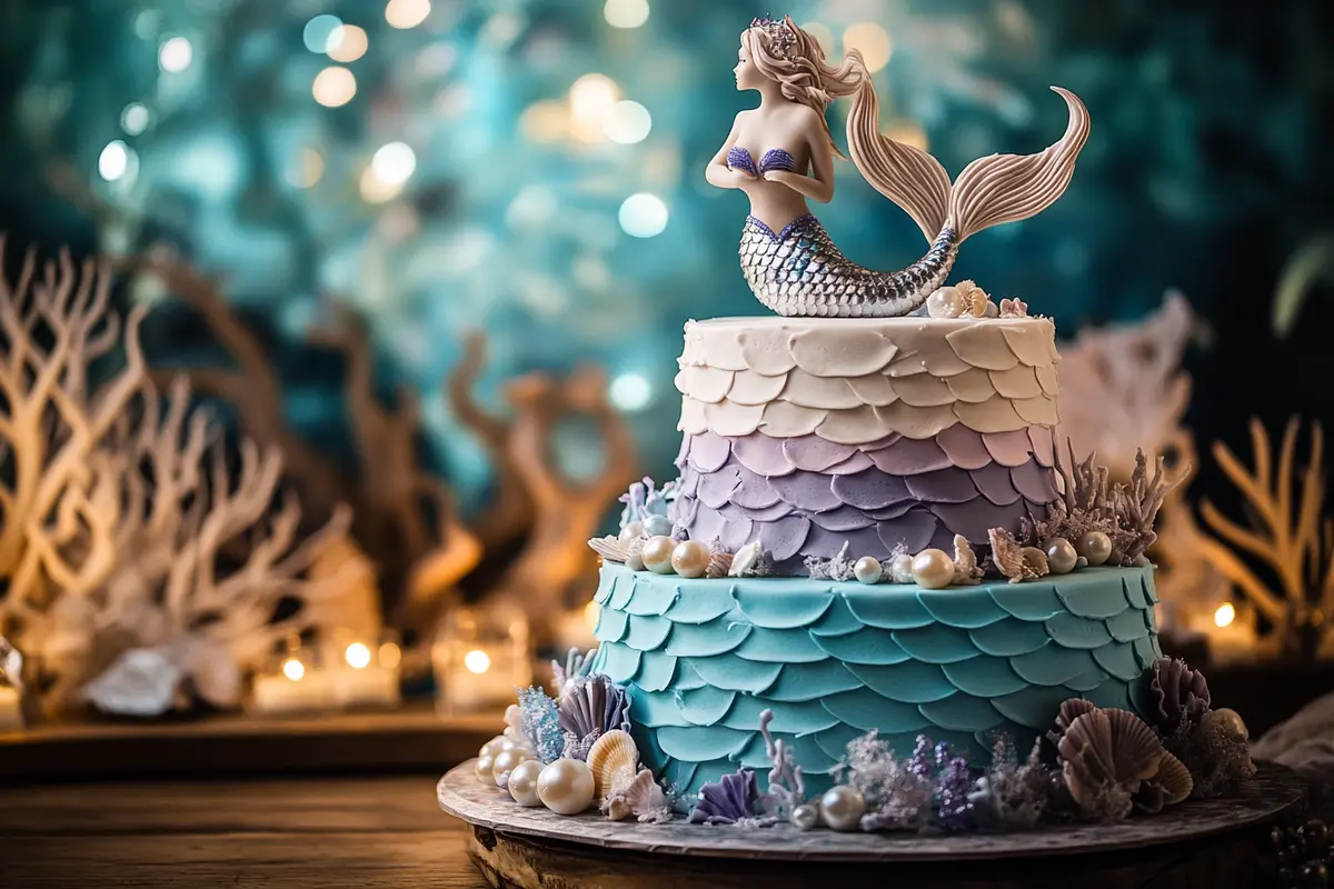 Three-tier pastel mermaid cake with ombre frosting and edible decorations.