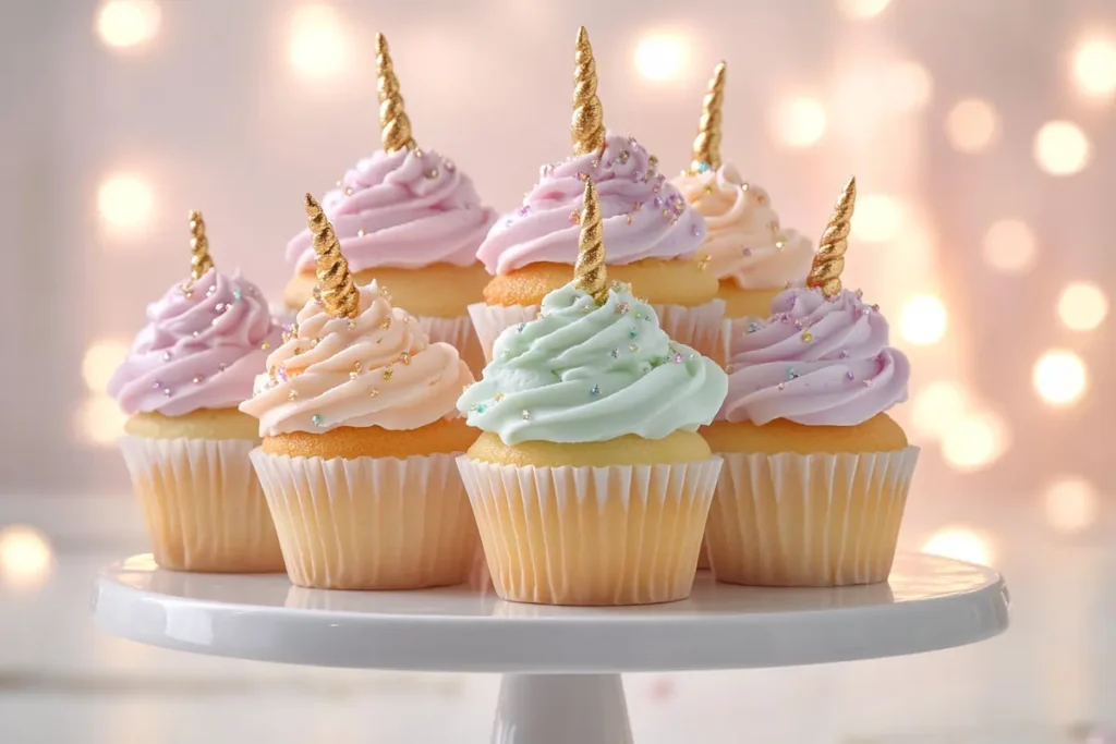 Tiered stand with unicorn cupcakes featuring pastel frosting and edible glitter.