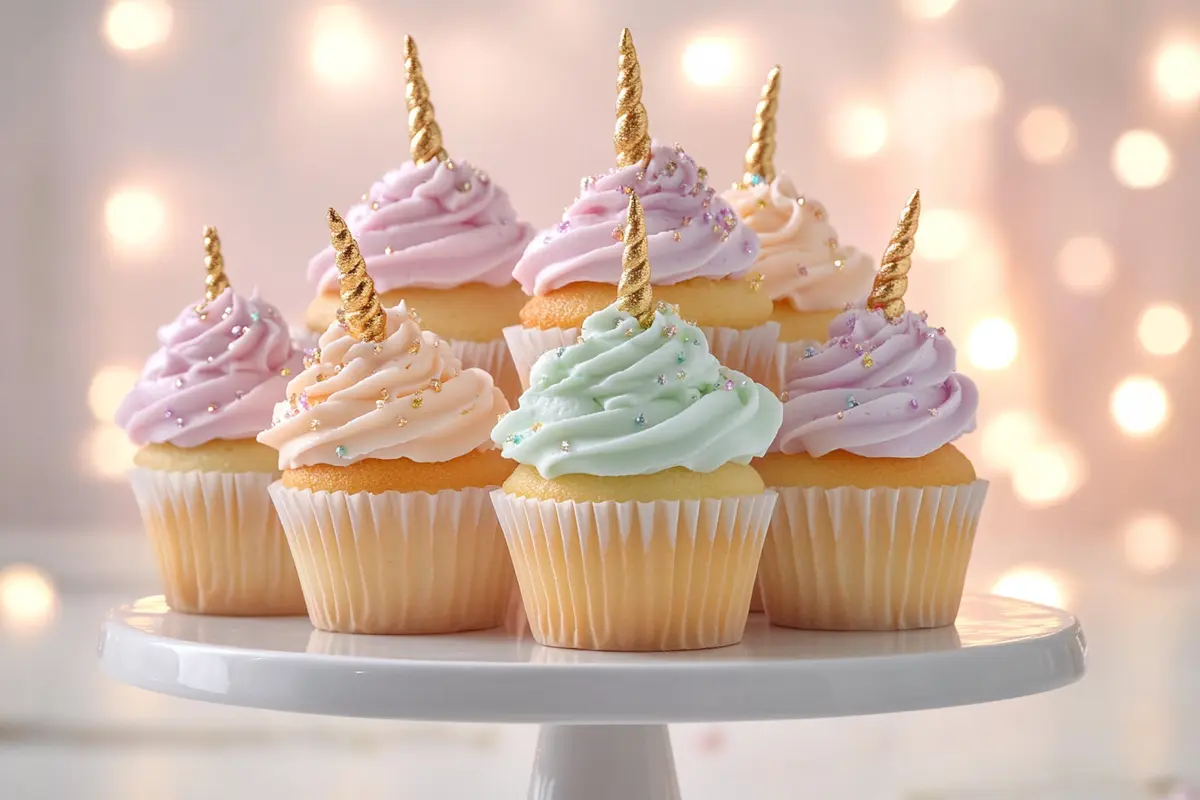 Tiered stand with unicorn cupcakes featuring pastel frosting and edible glitter.