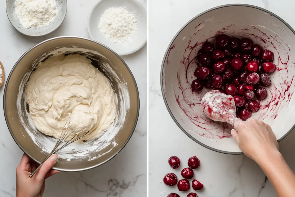 Preparing cherry chocolate cake batter with cherries being folded in.