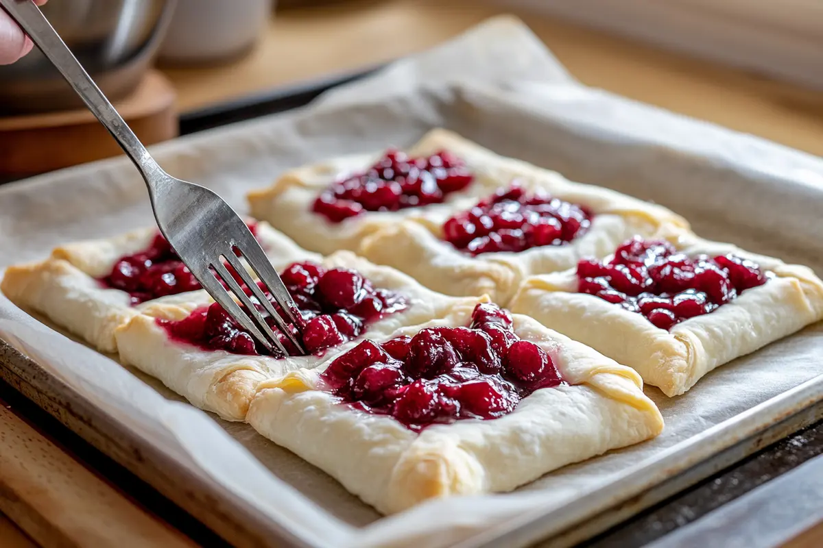 Step-by-step preparation of cherry turnovers with puff pastry.