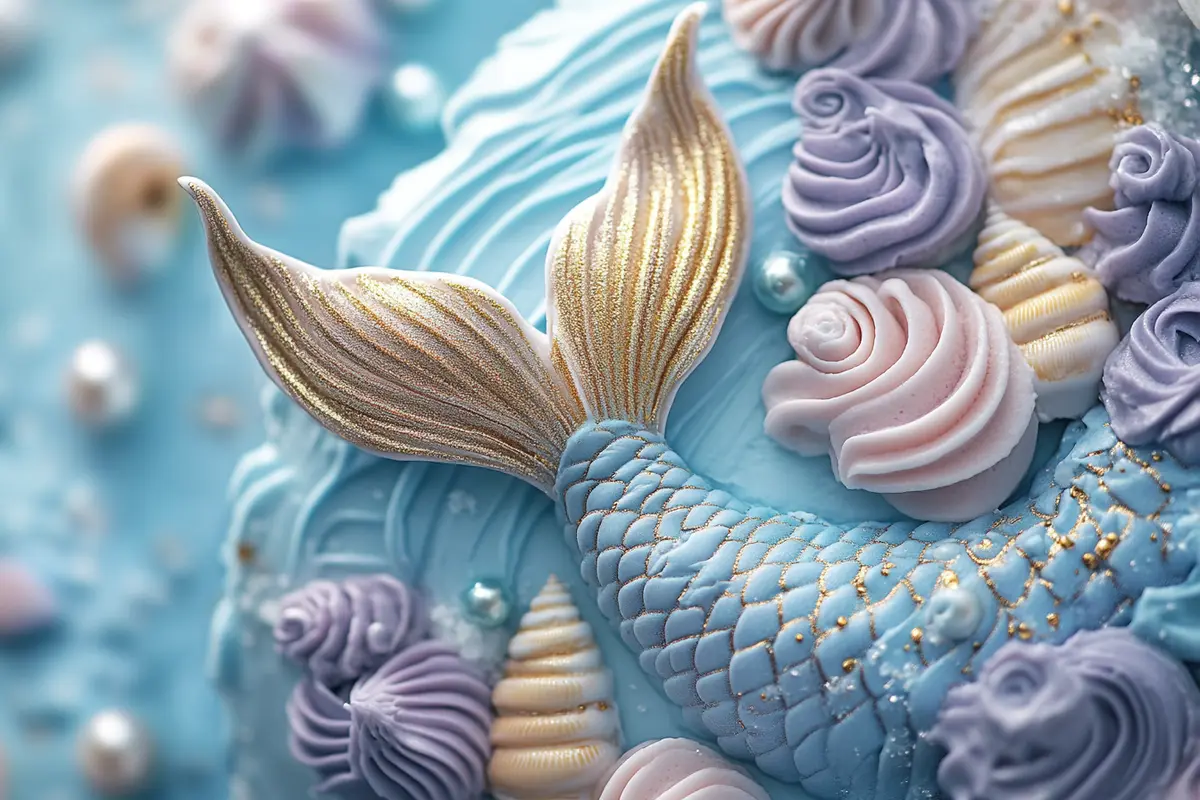 Close-up of fondant mermaid tail and edible decorations on a cake.