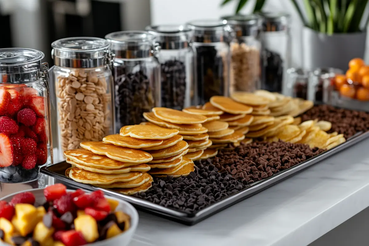 Buffet pancake bar with mini pancakes and toppings.