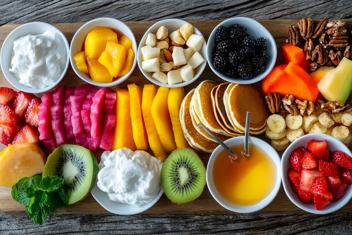 Mini pancake charcuterie board with toppings like fruit, syrup, and whipped cream on a rustic table.