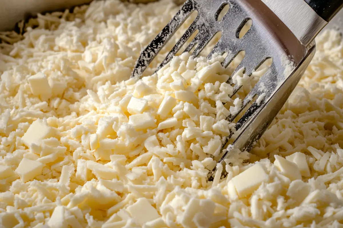 Mixing grated butter and flour for a 3 ingredient pie crust.