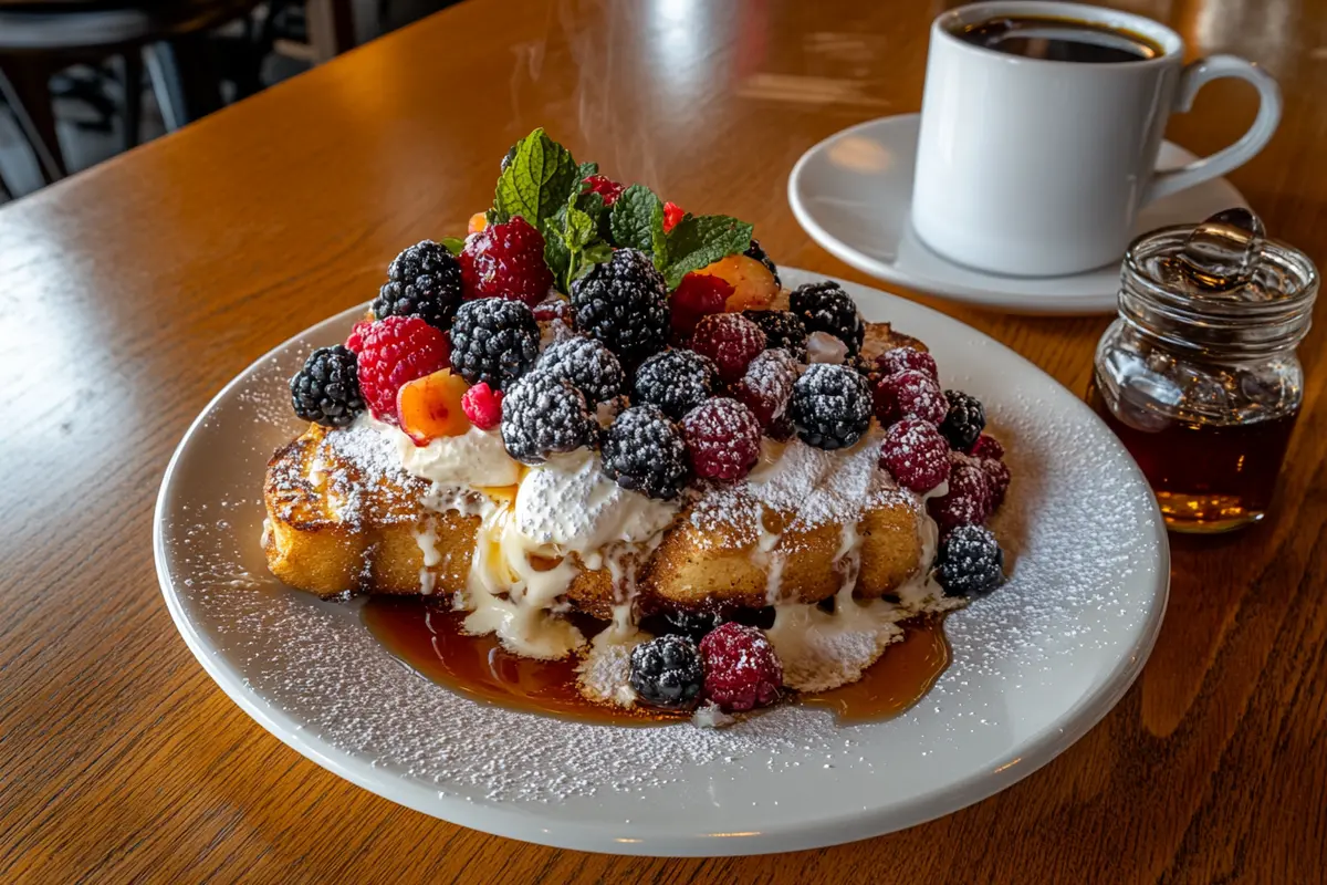 Sourdough French toast topped with berries and syrup.