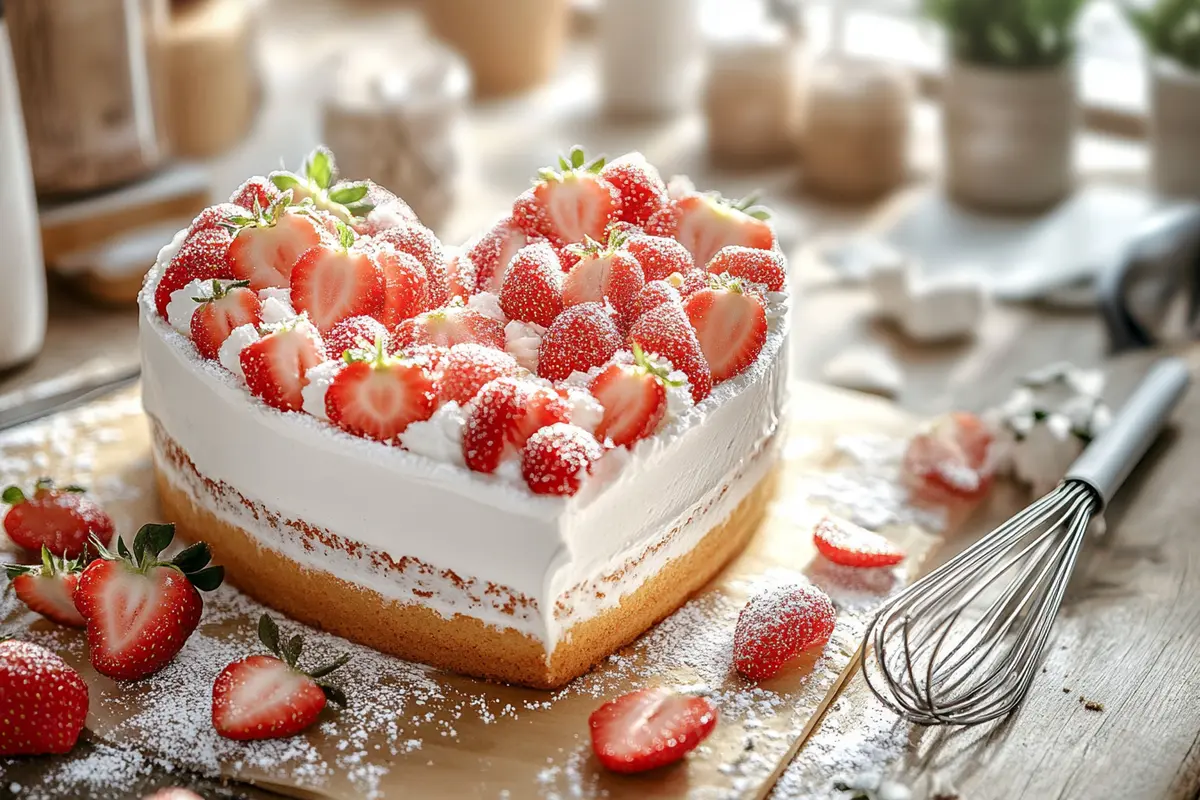 Heart-shaped cake with strawberries and glitter on a rustic table.