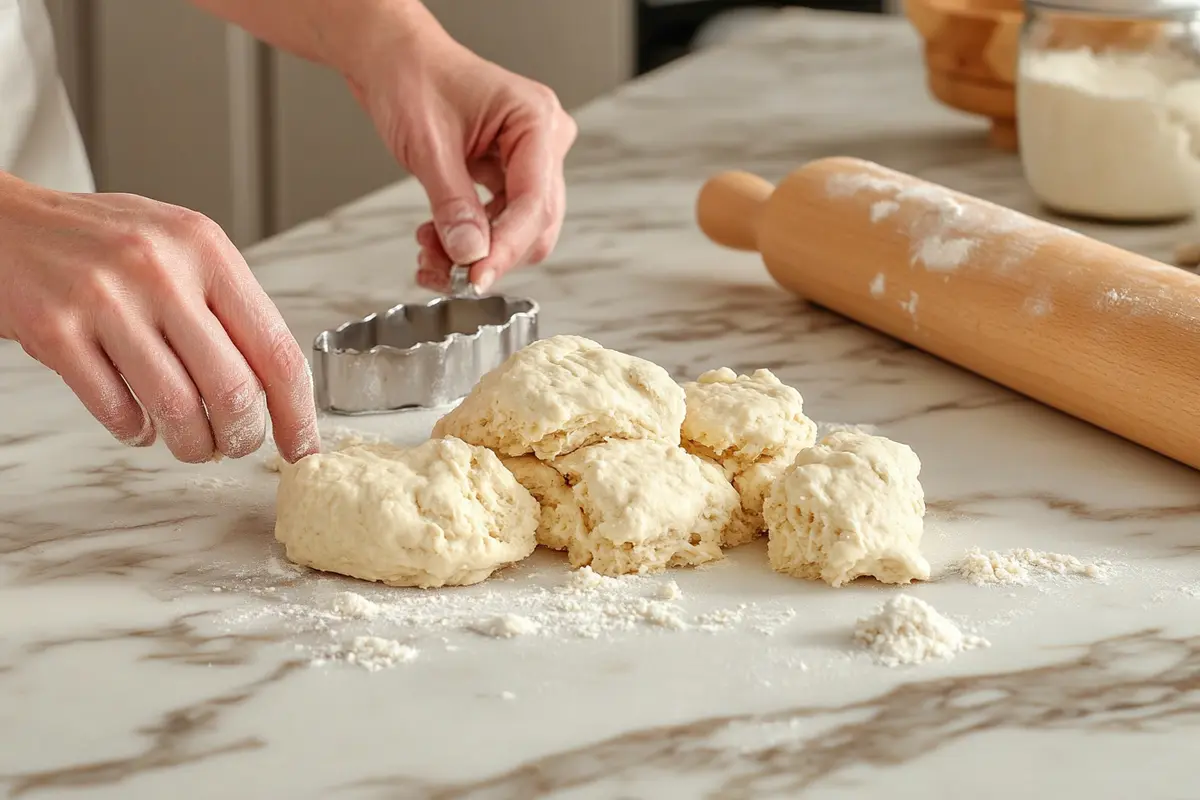 Hands shaping Bisquick scone dough on a floured countertop.