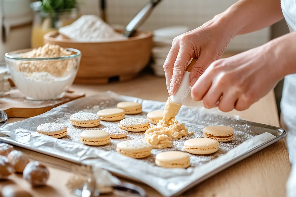 Hands piping macaron batter on a tray.