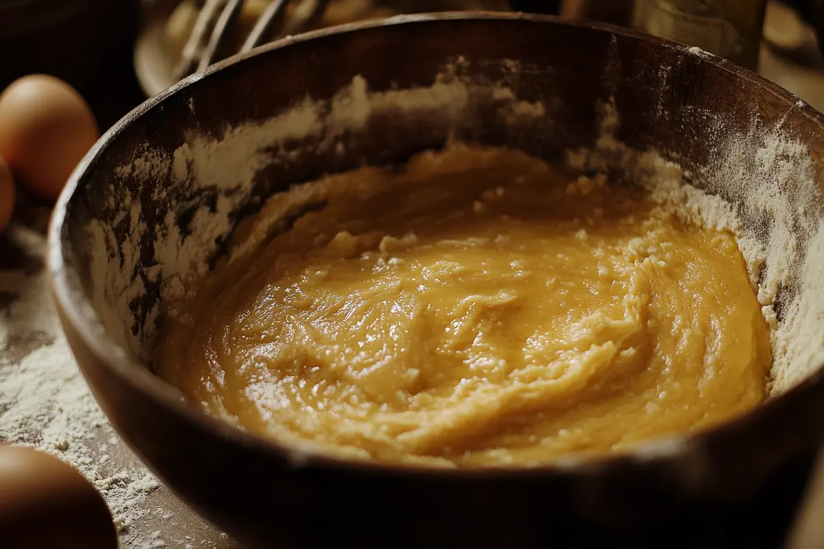 Mixing batter for Italian Hangover Cake with liqueurs.