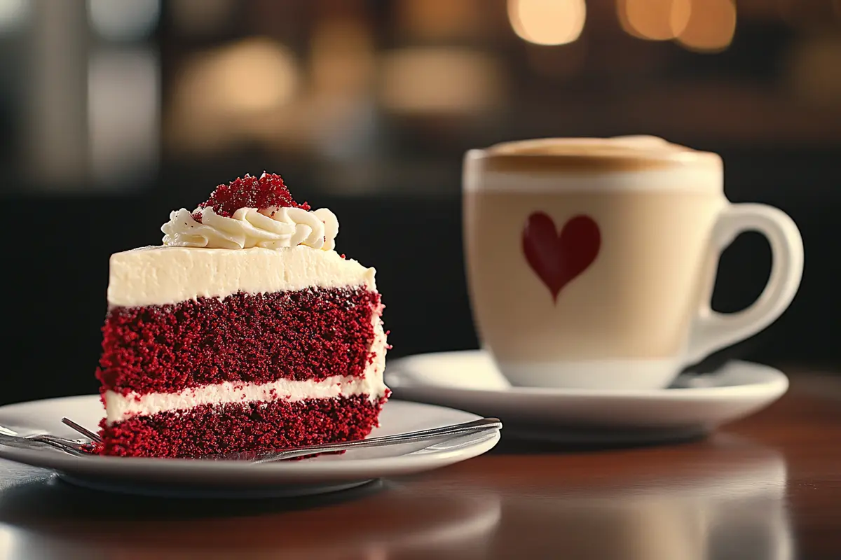 Red velvet cake with a latte and wine pairing on a café table.