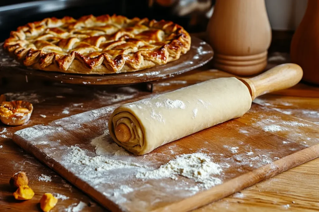 Rolling out a 3 ingredient pie crust on a wooden board.