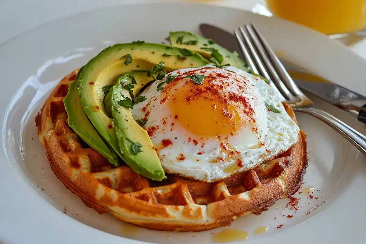 Savory frozen waffle topped with a poached egg and avocado.