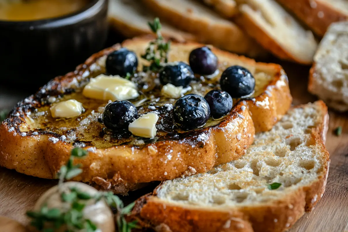 French toast made with sourdough bread topped with blueberries, honey, and butter.