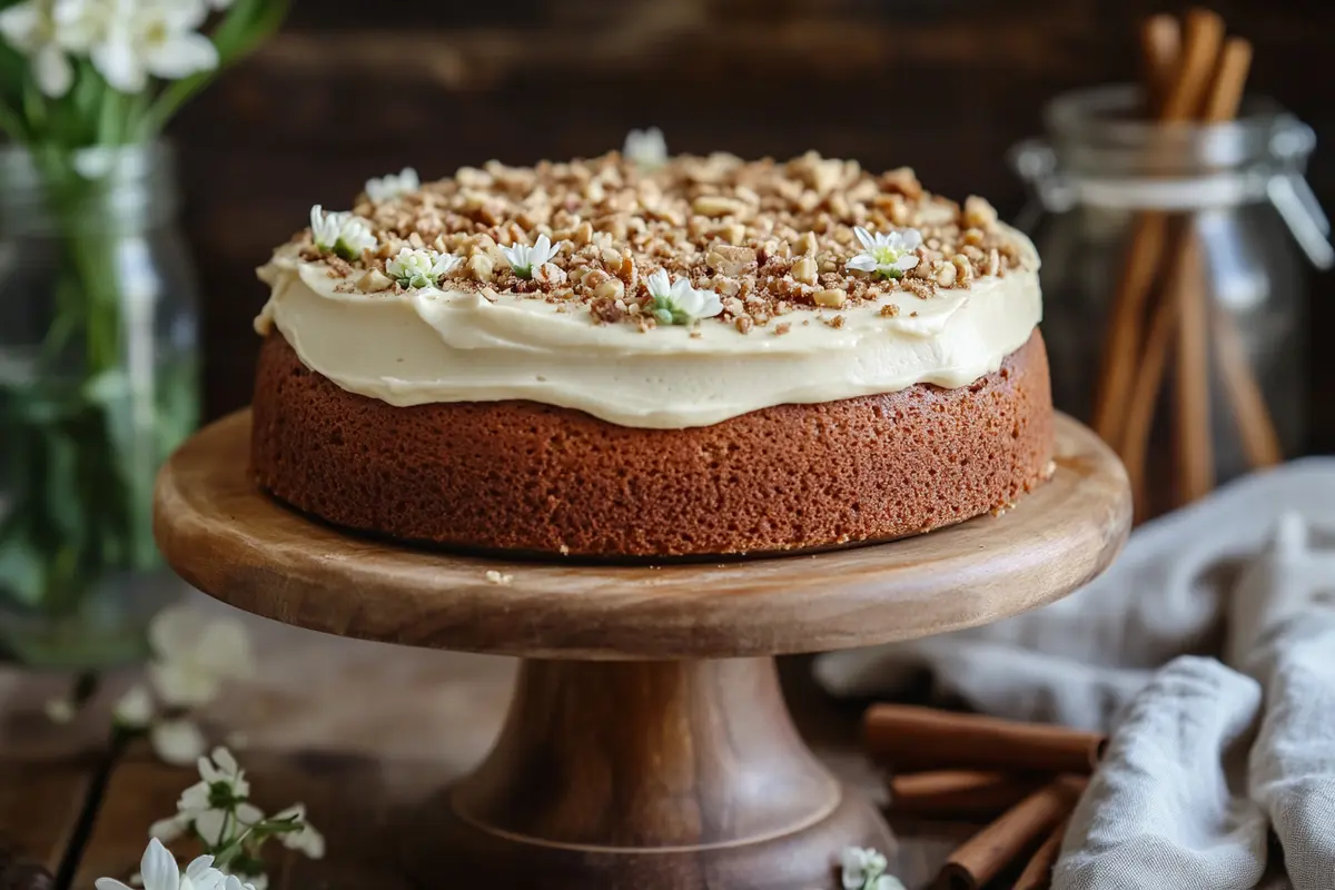 A spice cake with cream cheese frosting, garnished with crushed nuts and edible flowers on a wooden cake stand.