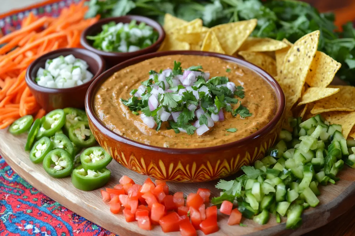 Taco dip grazing board with veggie sticks and tortilla chips