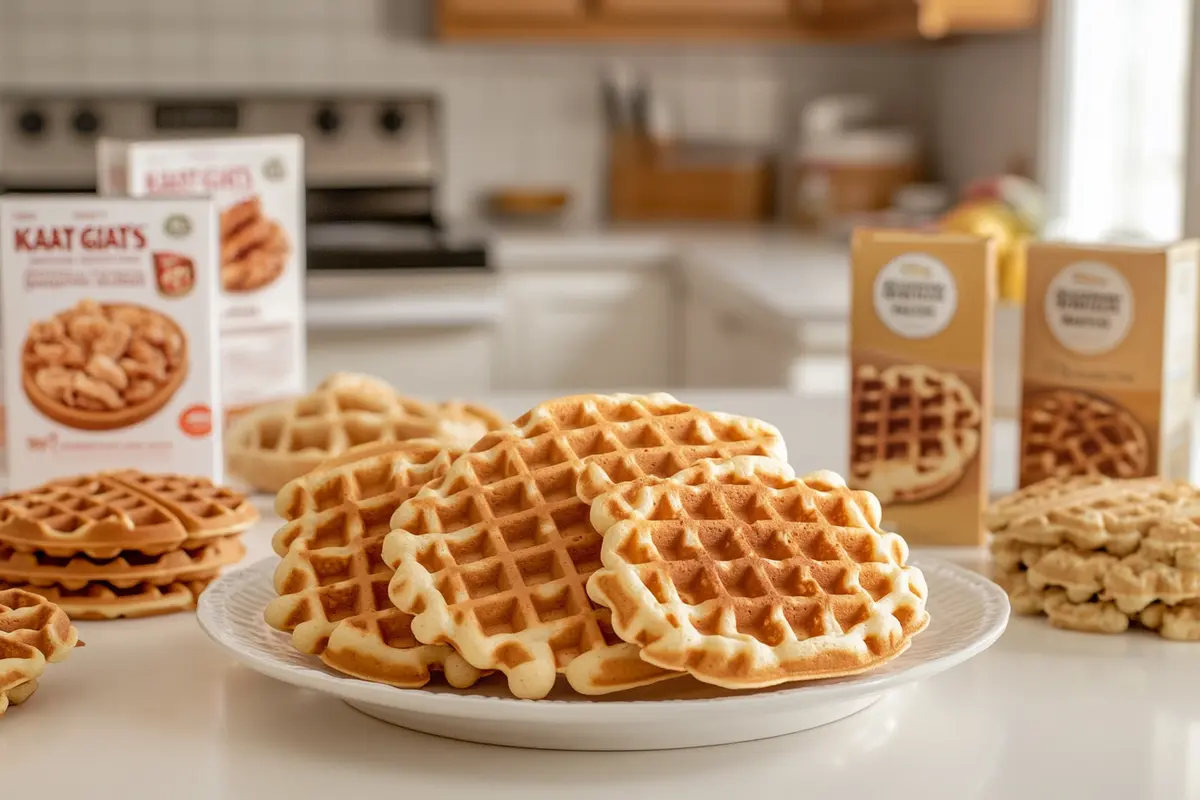 Various frozen waffle brands on a plate with packaging