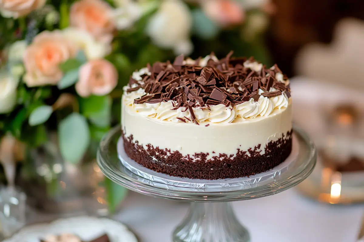 A full Tuxedo Bar Cake displayed on a glass cake stand.