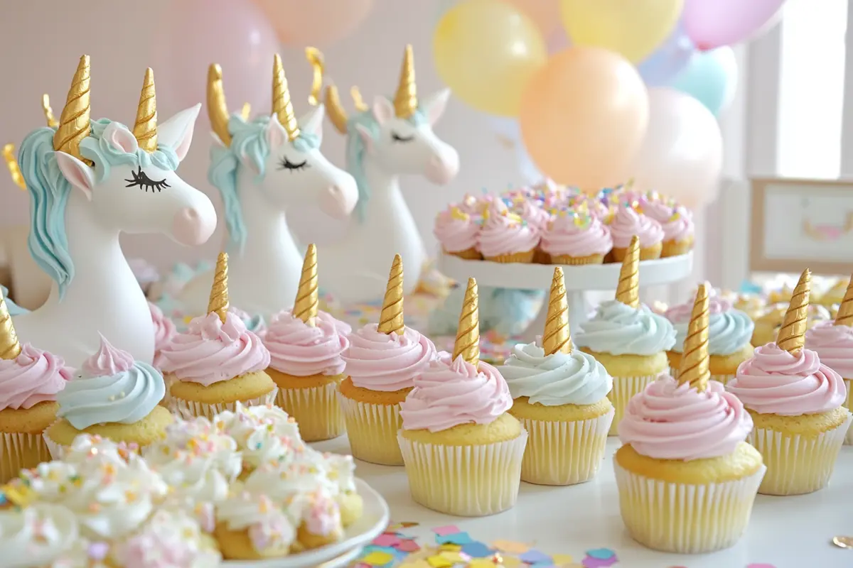 Party table with unicorn cupcakes and festive decorations.