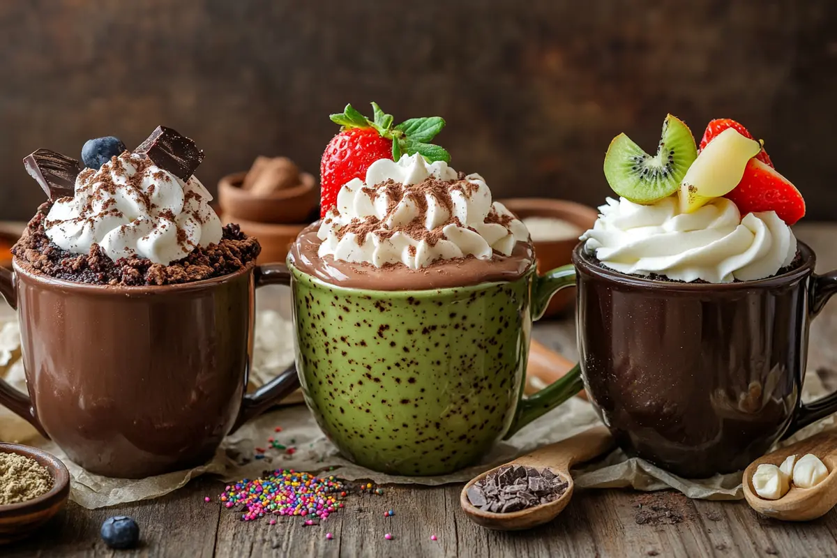 Three types of mug cakes with creative flavors and toppings