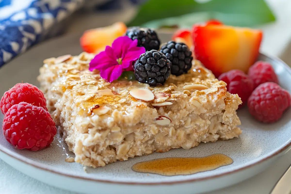 Almond flower baked oats served with maple syrup and fruits.