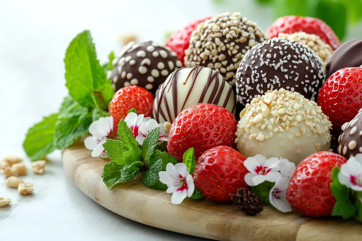 Strawberry truffles on a dessert platter.