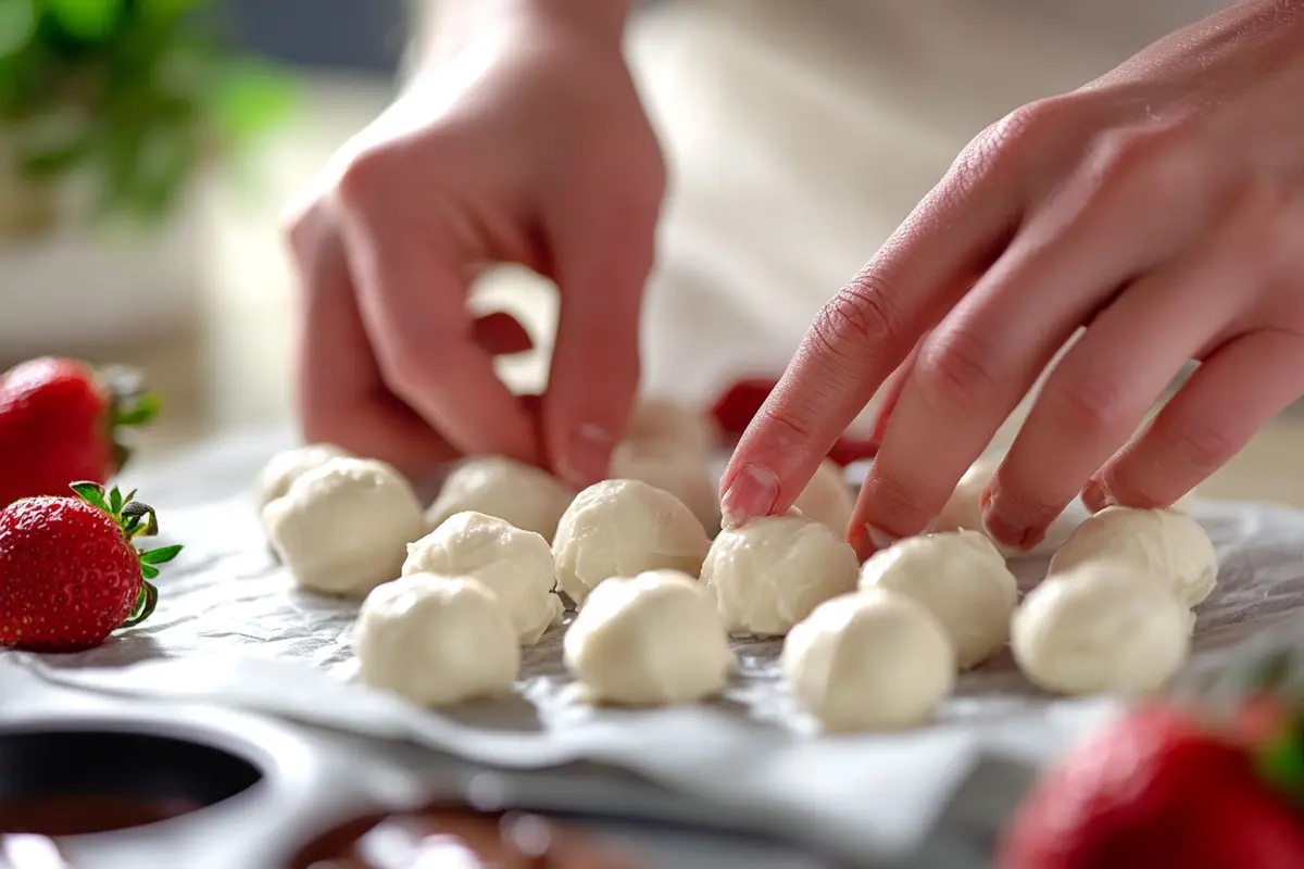 Rolling strawberry truffle filling into balls.