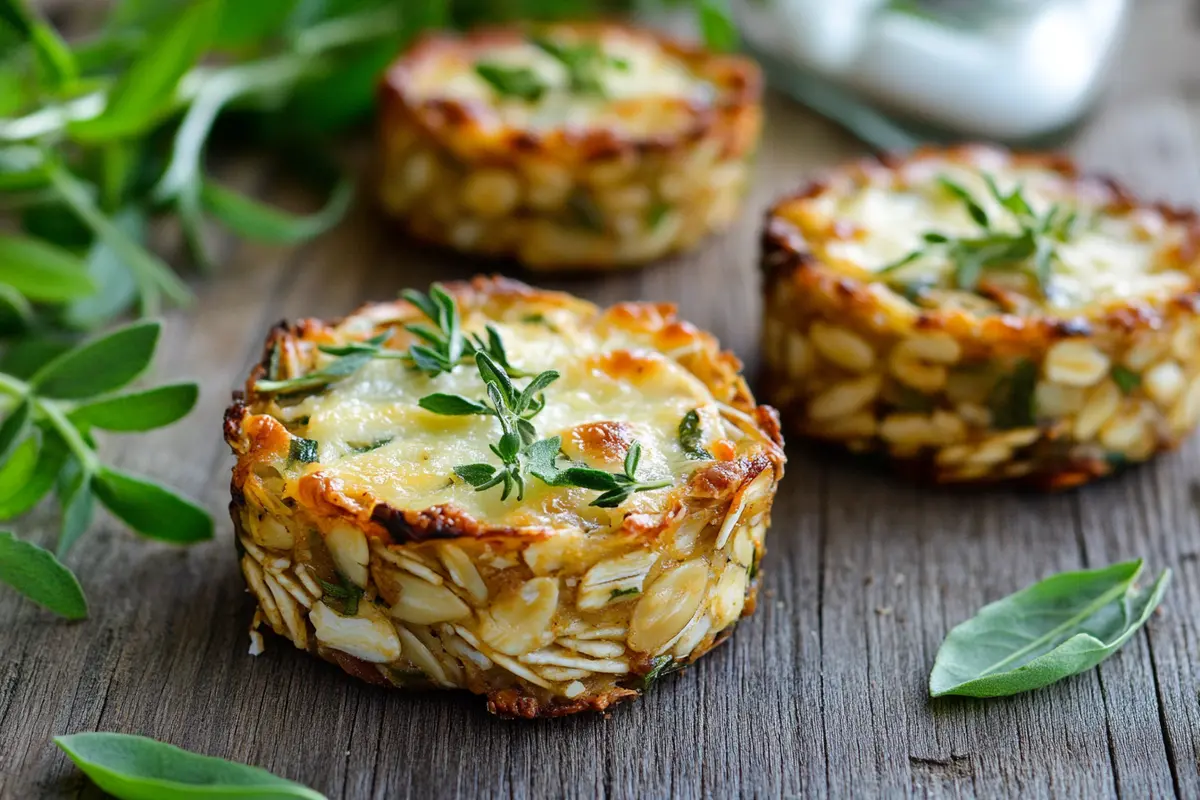 Savory almond flower baked oats with cheese and herbs.