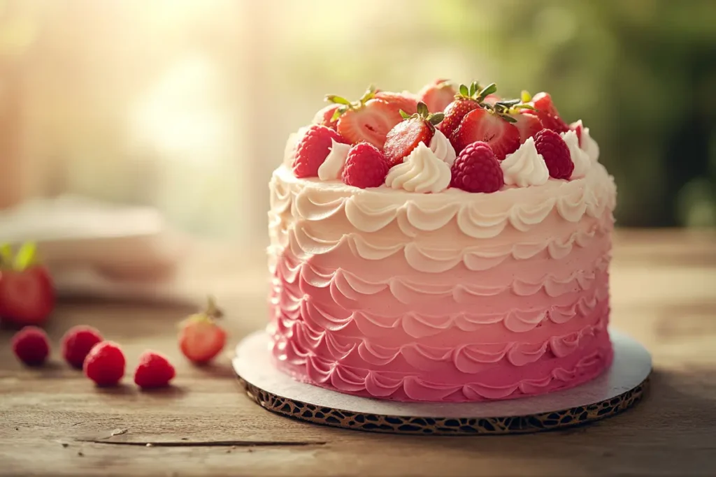 Pink velvet cake with ombre frosting and fresh fruit on a wooden table.