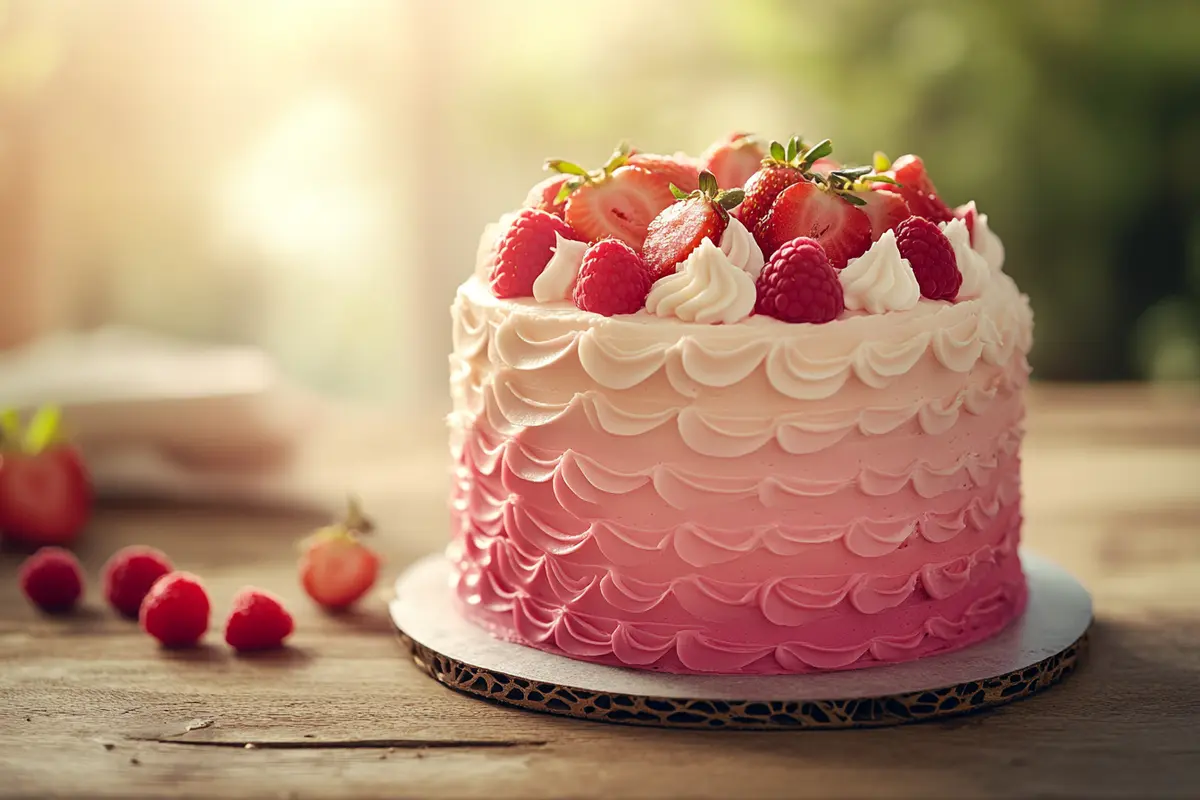 Pink velvet cake with ombre frosting and fresh fruit on a wooden table.
