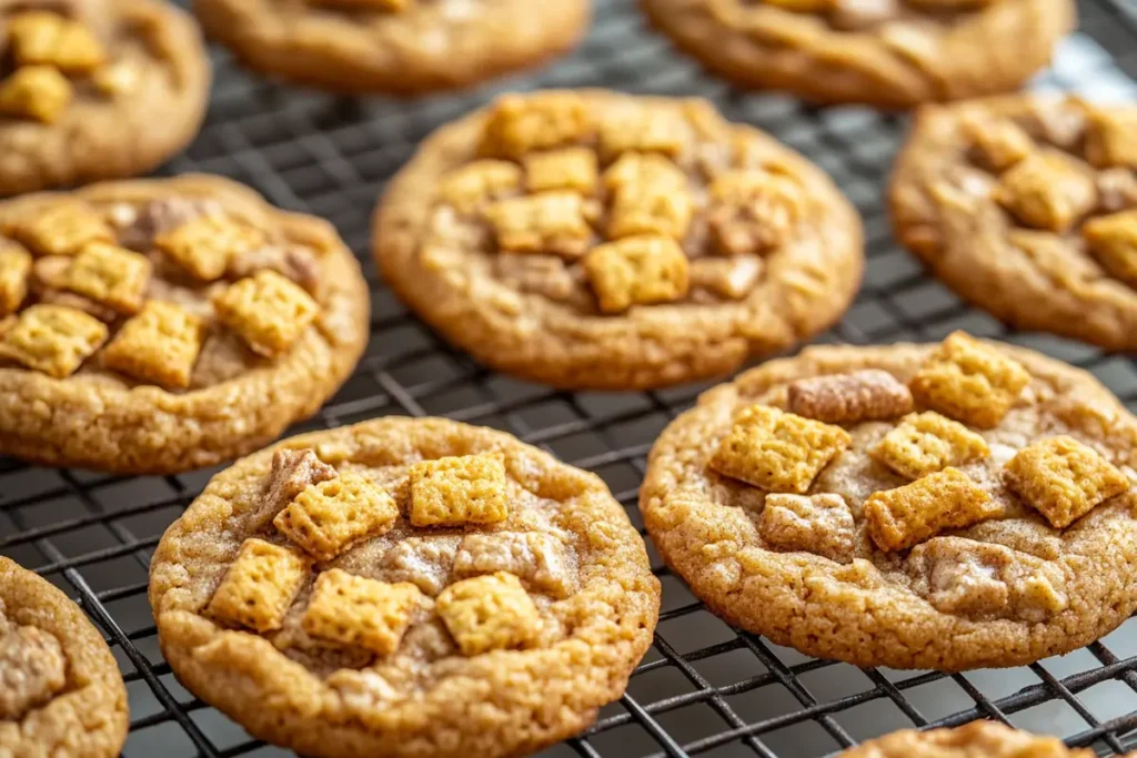 Close-up of freshly baked Cinnamon Toast Crunch cookies.