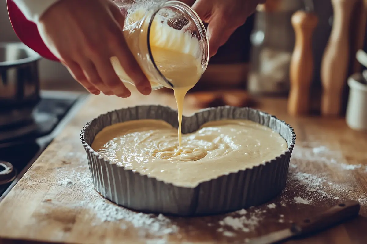 Pouring cake batter into a heart-shaped baking pan